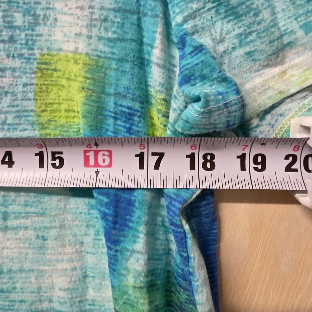 Chico's Abstract Brushstroke V-Neck Top Teal Blue Green Cotton Blend Size 2 L - Picture 4 of 10